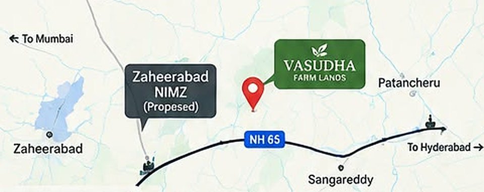 Map showing Vasudha Farm Lands near Zaheerabad NIMZ, NH 65 and Sangareddy