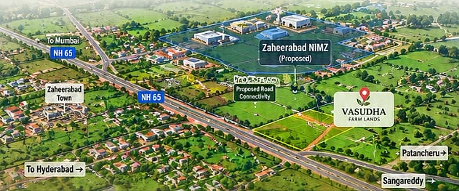 Aerial map showing Vasudha Farm Lands, Zaheerabad NIMZ and NH 65