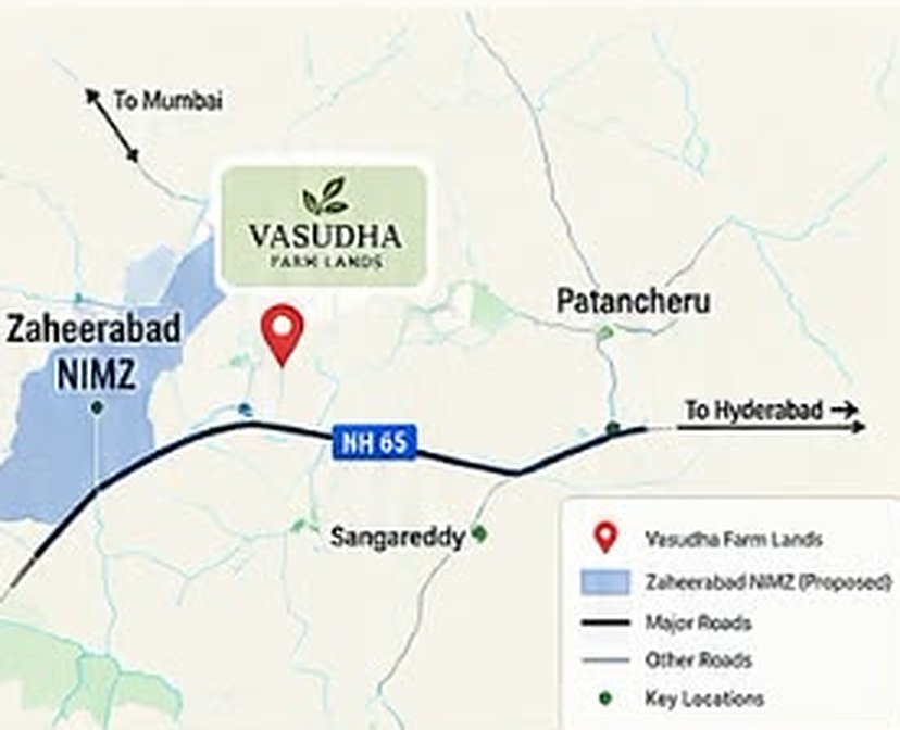 Map of Vasudha Farm Lands near Zaheerabad NIMZ, NH 65, Sangareddy and Patancheru