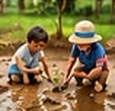 Children planting in the nature zone Children planting in the nature zone