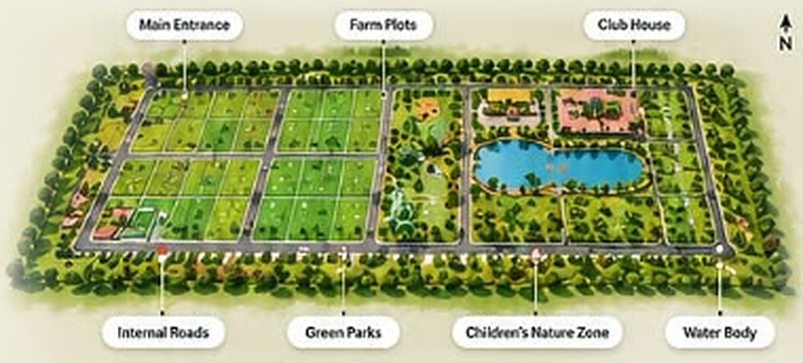 Vasudha Farm Lands master plan layout with plots, roads, club house and water body Vasudha Farm Lands master plan layout with plots, roads, club house and water body