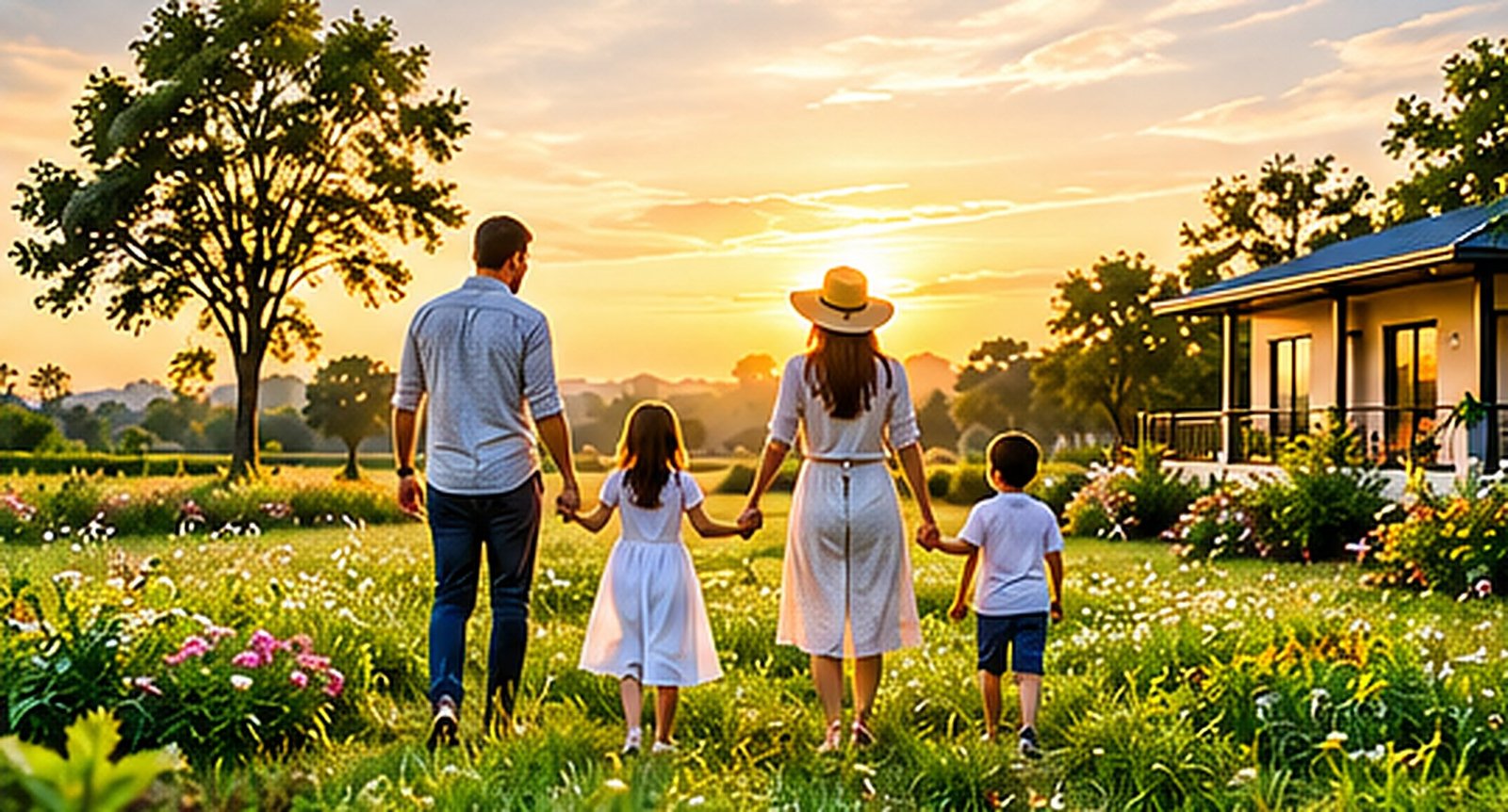 Family walking through green farmland at sunset