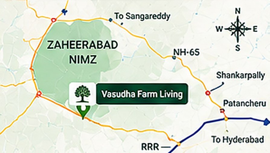 Map showing Vasudha Farm Living near Zaheerabad NIMZ, NH-65 and RRR